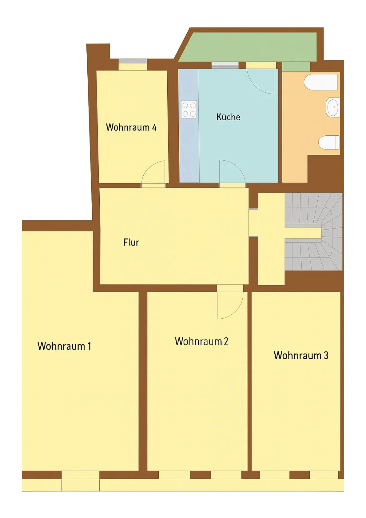 Grundriss der Ferienwohnung: zwei Schlafzimmer, Wohnbereich, Küche, Bad, Kinderzimmer und Terrasse
